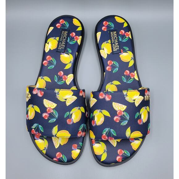 NIB Michael Kors Deanna Sequined Fruit Print Slide Sandal Navy Multi Size 7M - Picture 4 of 16